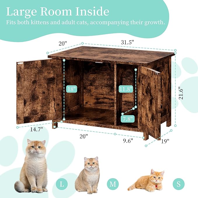 Vongrasig Cat Litter Box Enclosure,Litter Box Furniture Hidden with Barn Door,Wooden Cat Washroom Furniture,Cat House,End Table, Fit Most of Litter Box, Brown-Mewly Pet