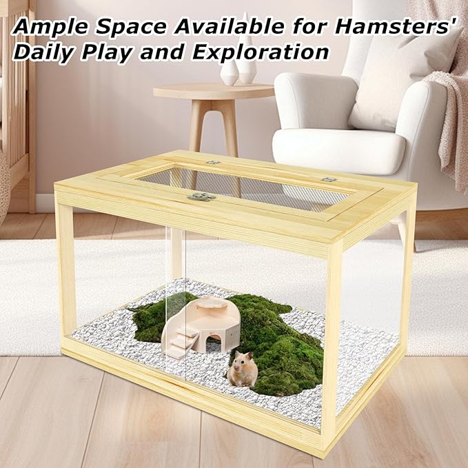 24" Hamster Cage, Lockable Sliding Door Gerbil Cage, Dwarf Hamster Cage with Metal Mesh Roof, Mice and Small Animal Habitat, Chewproof Syrian Hamster Enclosure, (Wooden, 24" L x 16" W x 16" H)-Mewly Pet