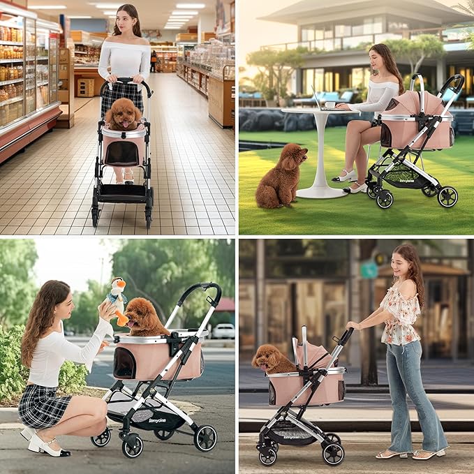 Kenyone 3-in-1 Pet Stroller for Small Medium Dogs Puppy Cat Stroller with Detachable Carrier & Pad Lightweight Foldable Aluminum Alloy Frame Dual No-Zip Entry(Pink)-Mewly Pet