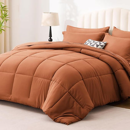Love's cabin Twin Comforter Set Burnt Orange, 5 Pieces Twin Bed in a Bag, All Season Bedding Sets with 1 Comforter, 1 Flat Sheet, 1 Fitted Sheet, 1 Pillowcase and 1 Pillow Sham