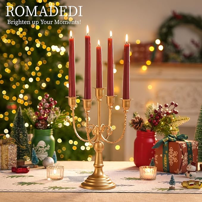 Romadedi Candelabra Gold Candle Holders - 5 Arm 11.8" Wedding Candlestick Holder for Theme Party Table Centrepiece Decor Dining Room Birthday Holiday Christmas