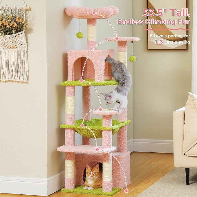 PAWZ Road Cat Tree, 53.5 Inches Tall Cat Tower with Spacious Hammocks, Condos and Scratching Posts, Cat House with Dual Padded Perches for Indoor Large Cats-Pink-Mewly Pet