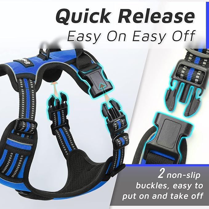 Eagloo Dog Harness Medium Sized Dog, No Pull Service Vest with Reflective Strips and Control Handle, Adjustable and Comfortable for Easy Walking, No Choke Pet Harness with 2 Metal Rings, Blue, M-Mewly Pet