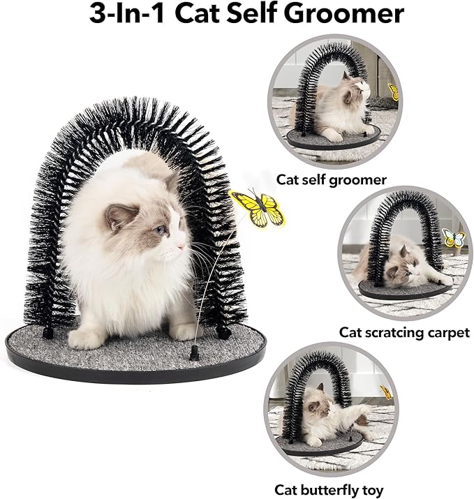 PetPrime Cat Arch Groomer Self Grooming Cat Back Scratcher Cat Brush Arch Massager Self Groomer Cat Scratcher Brush Upgraded Version With Interactive Butterfly For Indoor Cats-Mewly Pet