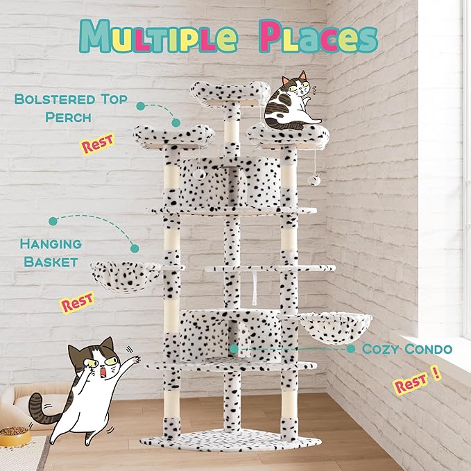 SHA CERLIN 73in Fan-Shaped Corner Cat Tower for Save Space/Multi-Level Tall Tree for Indoor Kitties/Condo with Baskets/Cozy Perches/Sisal Scratching Posts/Pet Activity House/White & Black Spot-Mewly Pet