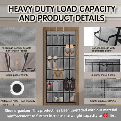 2PCS Over the Door Shoe Organizer with 30 Breathable Mesh Pockets - Large Capacity Closet Storage for Men & Women, Hanging Shoe Rack Organizer -Gray