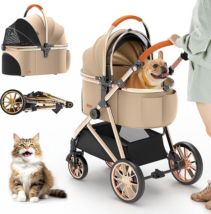 Kenyone Luxury Pet Stroller 3 in 1 with Electroplated Gold Mirror Finish for Medium Small Size Dogs and Cats, High-End Detachable Carrier for Puppy, Kitty, Doggie(C910L Khaki)-Mewly Pet