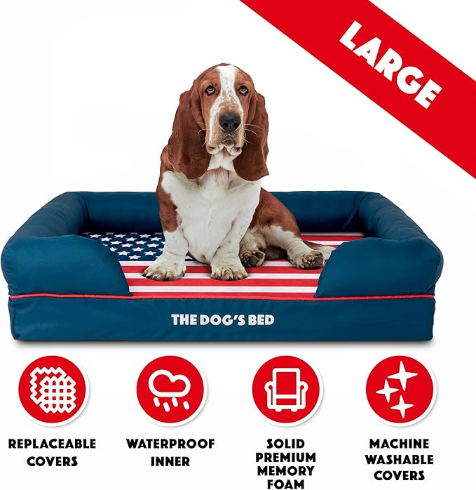 The Dog’s Bed, Large Blue Oxford with Red Trim USA Flag Dog Bed with Central Flag 36x27 Memory Foam, Pain Relief: Arthritis, Post Surgery,Waterproof Washable Cover, Veterinary Approved-Mewly Pet