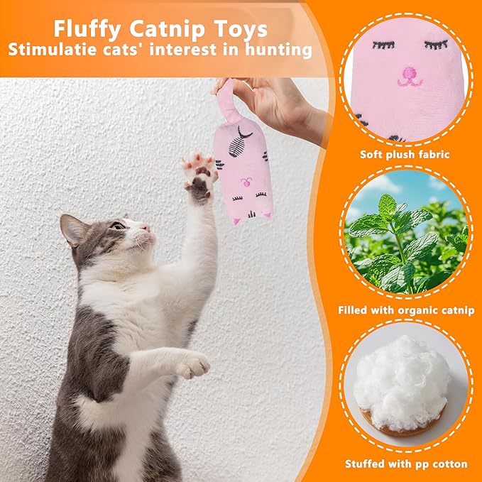 Catnip Toys for Indoor Cats, 5 Pack Cat Toys for Cats, Fluffy Catnip Toys for Chewing Playing, Interactive Kitten Toys, Catnip Filled Kitty Chew Teething Toys, Cat Chew Toys (Smile,5 Pack)-Mewly Pet