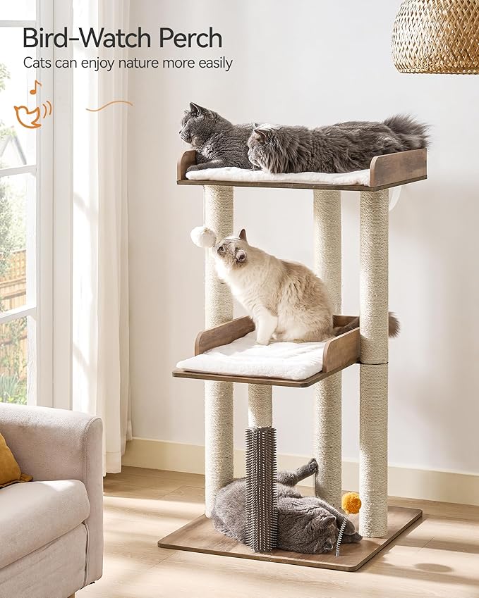 FourFurPets 43.7" Cat Tree, Modern Cat Tree Tower, Cat Tower for Indoor Cats Large Adult, Cat Condo with Scratching Post, Large Perch and Removable Pads, Greige-Mewly Pet