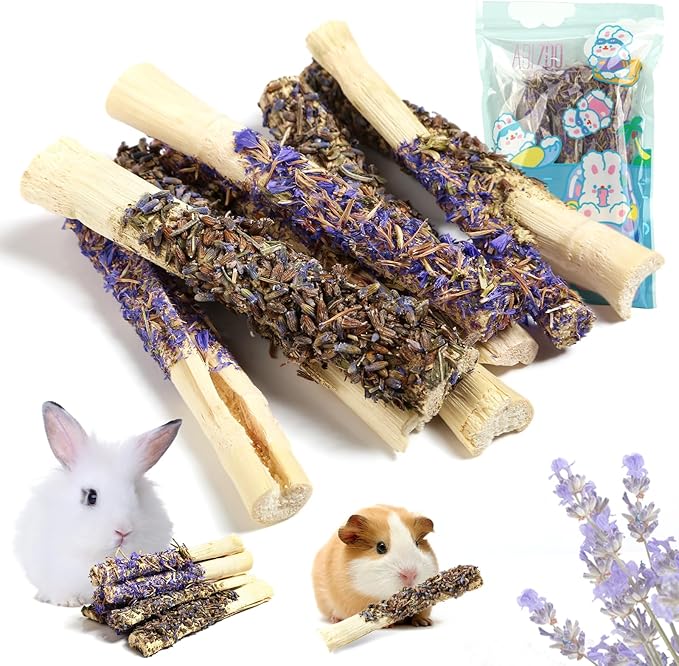 Abizoo Sweet Bamboo Rabbit Chew Sticks Treats and Toys 8Pcs Natural Hay with Forget-Me-Not Lavender for Bunny Guinea Pig Chinchilla Dental Care-Mewly Pet