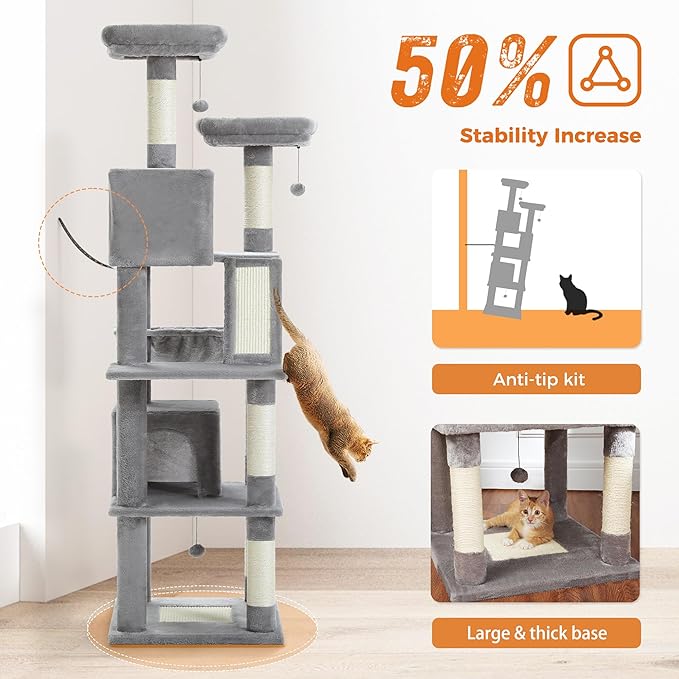 PAWZ Road 70 Inch Cat Tower, Tall Cat Tree with 2 Cozy Condos, 2 Plush Perch, Large Basket, 2 Scraching Pad & 6 Scraching Posts for Indoor Cats Large Adult, Gray-Mewly Pet