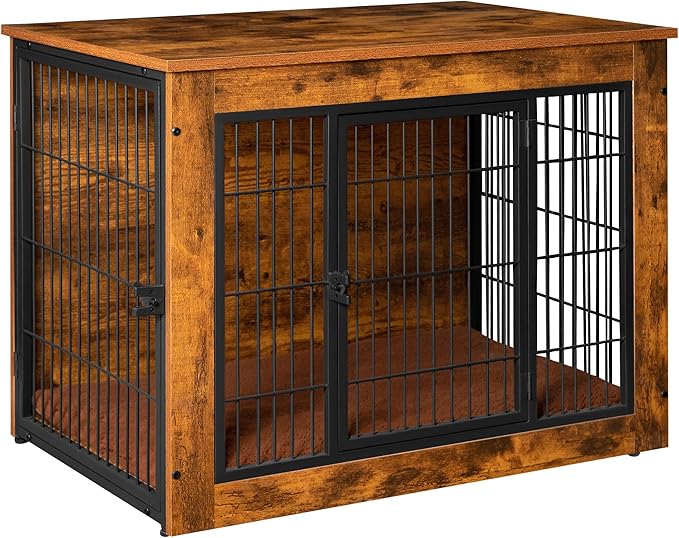 Bigrab Dog Crate Furniture with Thick Cushion, Side End Table Wooden Dog Cage with Double Doors, Chew-Resistant Dog Kennel Dog House Indoor for Small to Large Dog, L-Mewly Pet