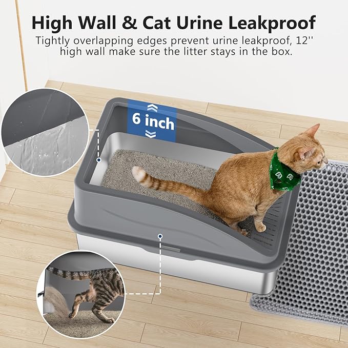 Stainless Steel Litter Box, Extra Large Litter Boxes for Big Cats, XL Metal Cat Litter Box with Lid, Anti-Urine Leakage, Non-Sticky, Include Cat Mat and Litter Scoop-Mewly Pet