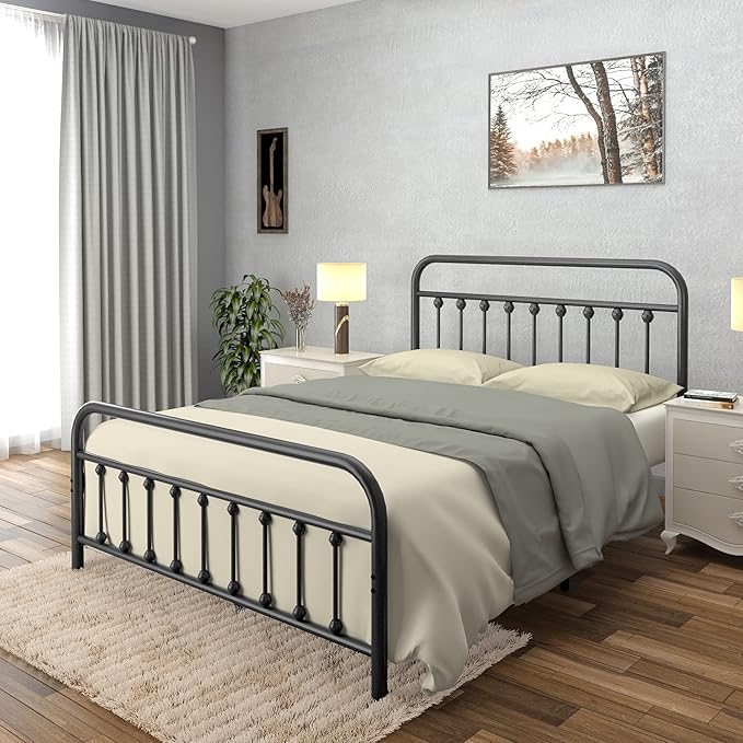 Golden Gate Beds Victorian Vintage Style Metal Bed Frame with Wrought Iron Headboard and Footboard, Classic Platform Bedframe with Storage, No Box Spring Needed, Mattress Foundation, Black, Full Size
