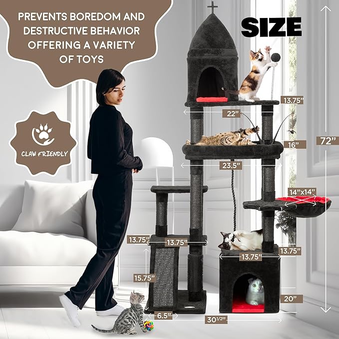 Large Cat Tree Tower for Large Cats, Cat Scratching Post, Self Grooming Post, Interactive Cat Toys, Oversized Perch and Basket, Heavy Duty 72", Black and Red-Mewly Pet
