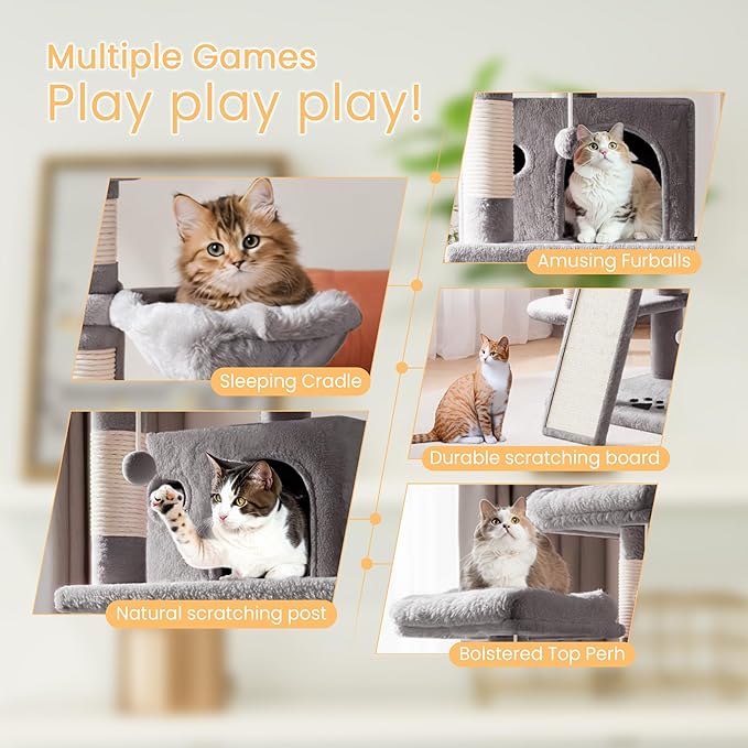 SHA CERLIN 68 Inches Multi-Level Large Cat Tree for Large Kitties/Big Cat Tower with Condo/Cozy Plush ‌Pussycat Perches/Sisal Scratching Posts and Hammocks/Activity Center/Grey-Mewly Pet