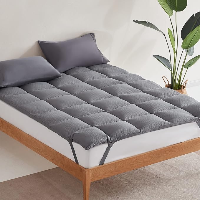 SLEEP ZONE Cooling Mattress Topper Full Size Quilted Fitted Mattress Pad Cover, Soft Fluffy Down Alternative Pillow Top Bed Topper Deep Pocket 8-21 Inch (Grey, Full)