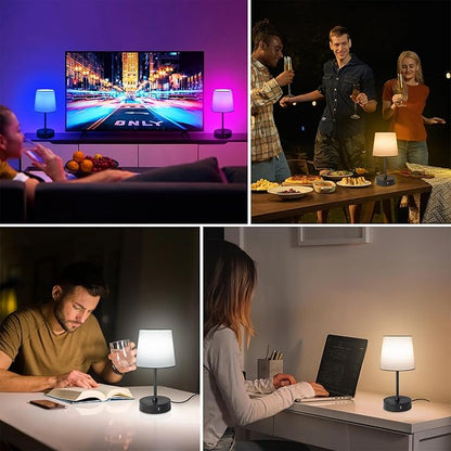 Ascher Small Bedside Table lamp Set of 2, RGB Color Changing Lamps, 3 Color Temperatures Nightstand Lamps with USB C and A Ports, Touch Dimmable Desk Lamp for Bedroom Living Room(White Shade)