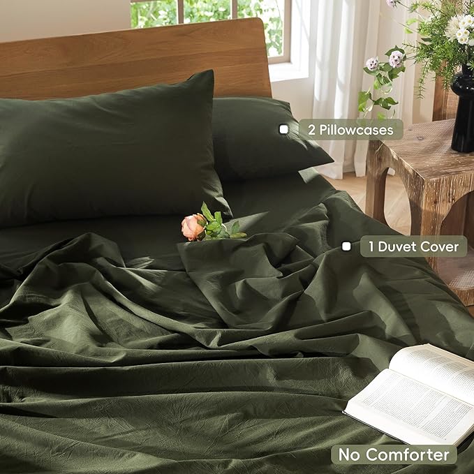 MooMee Bedding Duvet Cover Set 100% Washed Cotton Linen Like Textured Breathable Durable Soft Comfy (Solid Olive Green, Palatial King/Oversized King 120"x98")