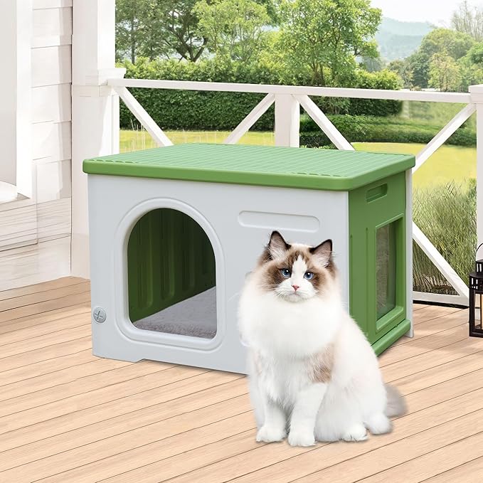 Rockever Plastic Cat House Outdoor with Escape Door, Waterproof Feral Cat House Outdoor Indoor, Sturdy Cat House for Outdoor Cats with Cat Bed Mat, Assemble Easily-Green-Mewly Pet