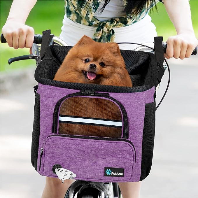 PetAmi Dog Bike Basket, Soft-Sided Ventilated Dog Bike Carrier Backpack, Pet Bicycle Basket for Bike Handlebar, Small Medium Puppy Cat Kitten Car Booster Seat with Safety Strap, Max 18 lbs, Purple-Mewly Pet