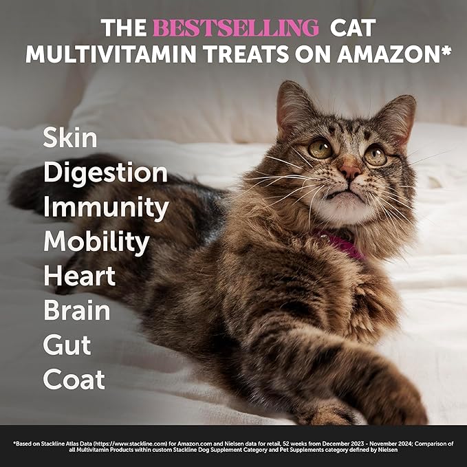 Cat Multivitamin Crunchy & Creamy Chews - Cat Treats for Health + Immune, Joint Support, Skin & Coat, & Digestion - Vitamins with Omega 3s, Lysine & Probiotics (30 Day Supply)-Mewly Pet