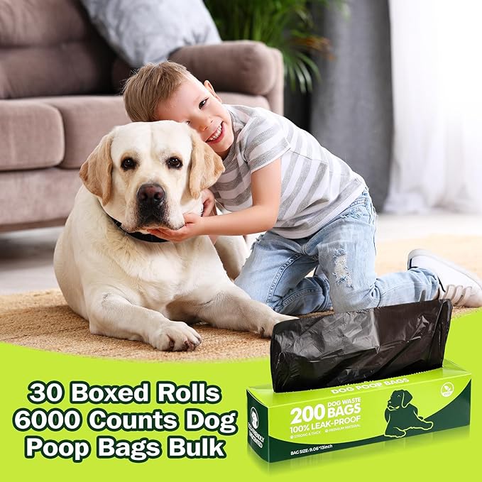 Harloon 6000 Counts Dog Poop Waste Bags 30 Rolls Extra Thick Strong Leak PET Proof Bags Disposable Bulk Universal Doggy Roll Waste Box for Puppy Outdoor Walking Travel(Black,13 x 9 Inches)-Mewly Pet