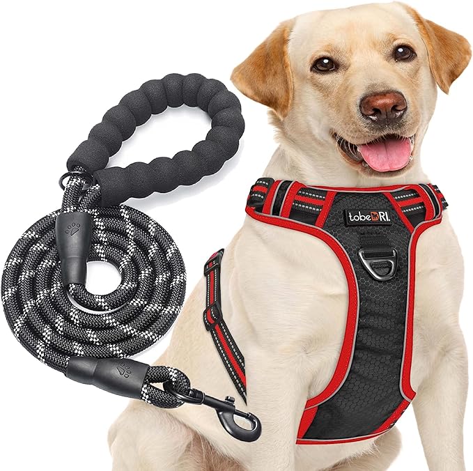 No Pull Harness Adjustable Reflective Oxford Easy Control Medium Large Dogs with A Free Heavy Duty 5ft Leash Black/Red Harness+Leash (E-DH F 004)-Mewly Pet