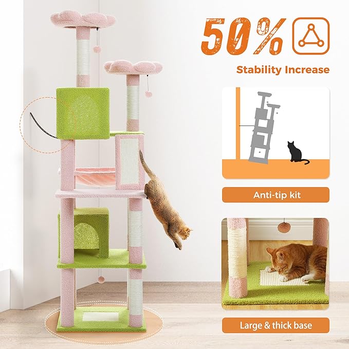 PAWZ Road 70 Inch Cat Tower, Pink Cat Tree with 2 Cozy Condos, 2 Plush Perch, Large Basket, 2 Scraching Pad & 6 Scraching Posts for Indoor Cats Large Adult-Mewly Pet