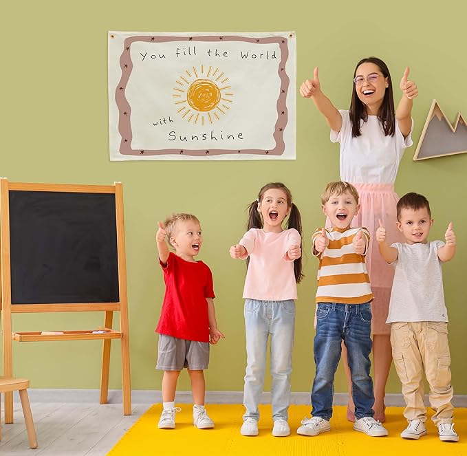 Positive Toddler Kids Growth Stuff for Nursery Bedroom Playroom Above Crib Wall Decor Hanging Rectangular Banner Poster Flag Sign Gift Baby Shower Birthday Baptism Christmas Gift You Fill the World