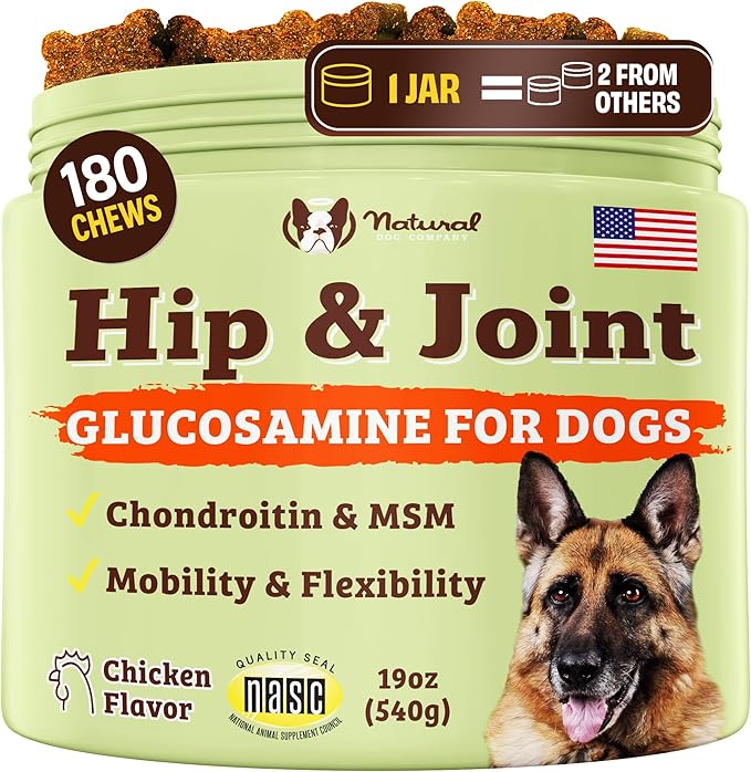 Natural Dog Company Hip & Joint Chews for Dogs with Glucosamine for Dogs + Chondroitin, MSM & Turmeric, Supports Mobility & Reduces Discomfort, Stiffness, Natural Pain Relief Joint Supplement. 180 Ct-Mewly Pet