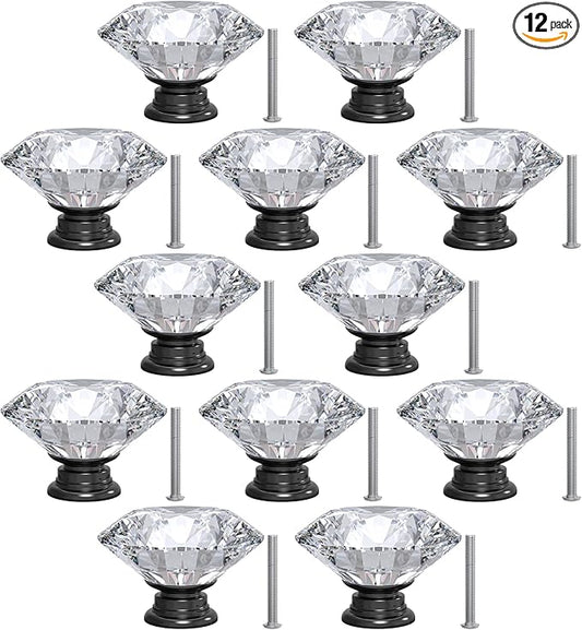 12-Pack Crystal Glass Cabinet Knobs for Home Decor, Vanity Drawers, Desks, Wardrobe Doors, Standard Screws Easy Installation for Home Refurbishment and Redecoration (Clear Crystal, 40mm, Black Base)