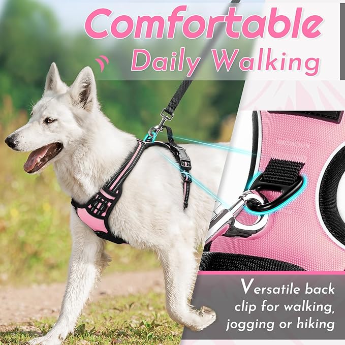Eagloo Dog Harness Large Breed, No Pull Service Vest with Reflective Strips and Control Handle, Adjustable and Comfortable for Easy Walking, No Choke Pet Harness with 2 Metal Rings, Pink, XL-Mewly Pet