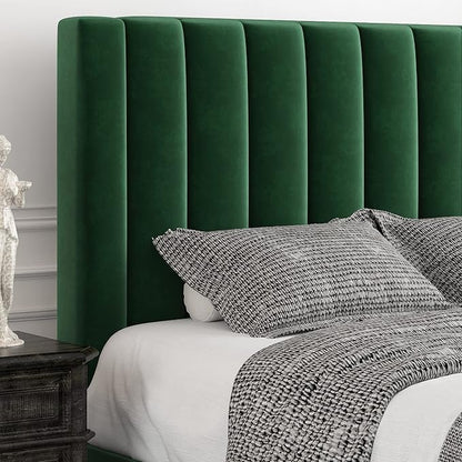 Allewie King Bed Frame/Velvet Upholstered Bed Frame with Vertical Channel Tufted Headboard/Strong Wooden Slats/Platform Bed Frame/Mattress Foundation/Box Spring Optional/Easy Assembly/Green