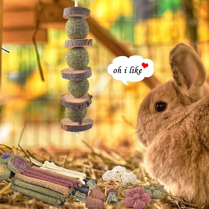 ERKOON Bunny Toys Boredom, 42 PCS Bunnies Timothy Hay Sticks Carrots Rose Grass Cake Dental Care, Molar, Chinchillas Toy Chew Toy, Guinea Pigs, Hamsters, Chinchilla, Rabbit Chew Toys for Teeth-Mewly Pet
