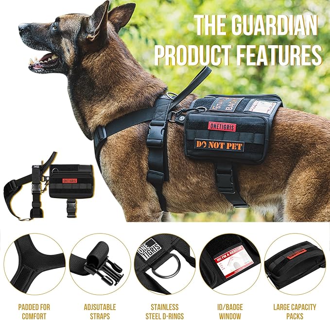 OneTigris Service Dog Vest Harness, Service Dog Cape Guardian Dog Backpack Harness with Pouches Dog Saddle Bag for Small Medium and Large Dogs (Black, M)-Mewly Pet