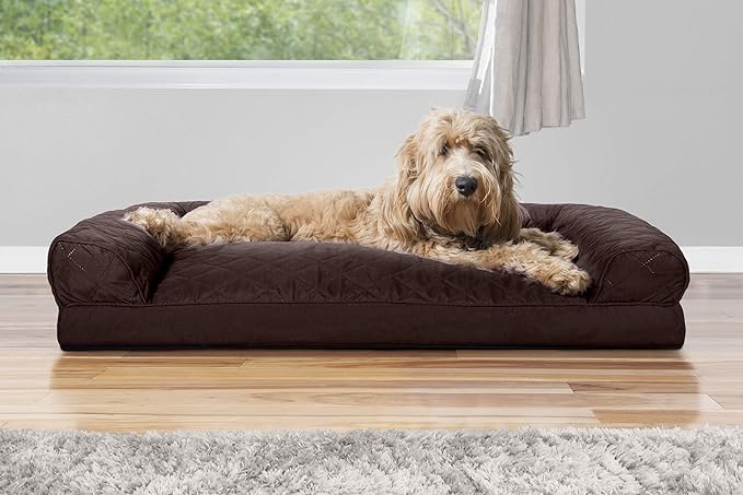 Furhaven Pillow Dog Bed for Large/Medium Dogs w/ Removable Bolsters & Washable Cover - Quilted Sofa - Coffee, Large-Mewly Pet