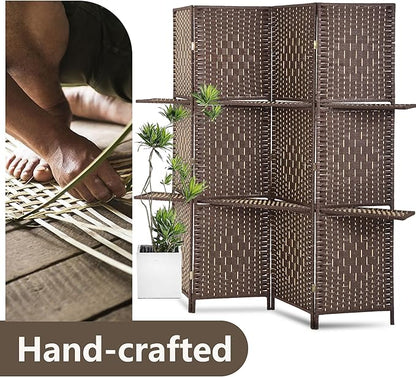 FDW Room Divider 4 Panel Wooden Screen Folding Portable Partition Screens Wood with Removable Storage Shelves Color, Dark Brown