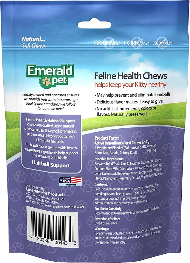 Emerald Pet Feline Health Chews Hairball Support — Natural Grain Free Feline Hairball Control Chews — Hairball Control Cat Supplements for Hairball Prevention and Elimination — Made in USA, 2.5 oz-Mewly Pet