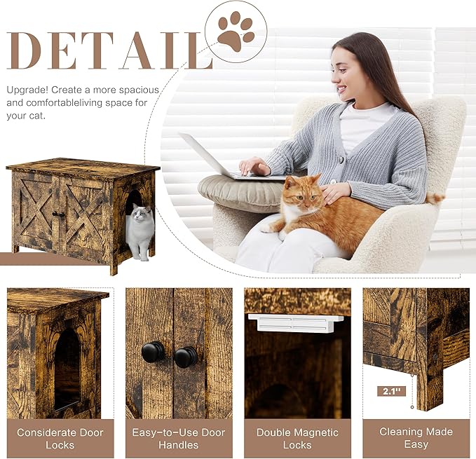 JY QAQA Cat Litter Box Enclosure,Litter Box Furniture Hidden with Barn Door,Wooden Cat Washroom Furniture,Cat House,Fit Most of Litter Box,Brown-Mewly Pet