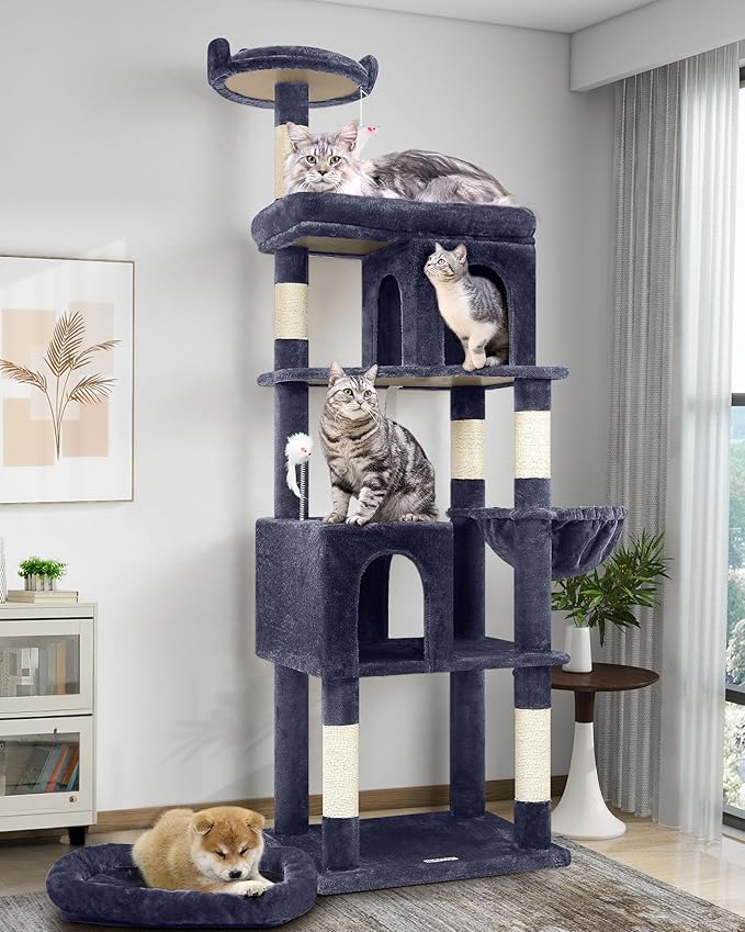 Globlazer Heavy Duty Cat Trees for Large Cats, Sturdy 72in Maine Coon Cat Tree for Large Cats 20 lbs+ Heavy Duty Cat Tower for Adult Biggest Cat with 6 Scratching Posts, Hammock, S72, Smoky Gray-Mewly Pet