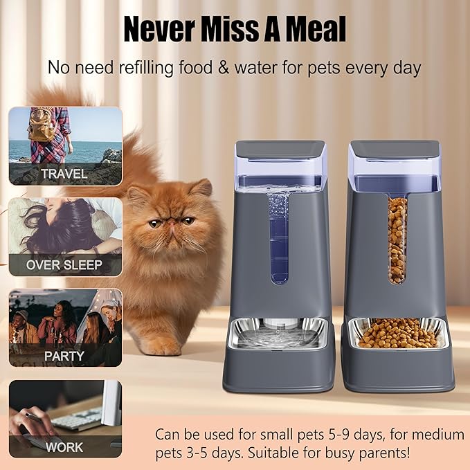 Automatic Cat Feeder and Cat Water Dispenser Set with Stainless Steel Bowls Gravity Dog Feeder for Small Medium Big Dog Pets Puppy Kitten, 3.8Lx 2-Mewly Pet