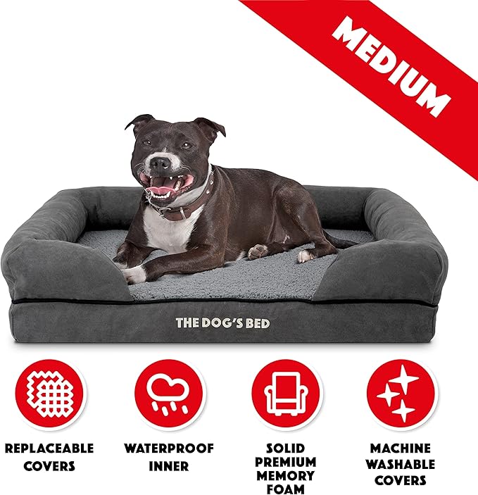 The Dog’s Bed, Medium Grey Plush Memory Foam, Pain Relief: Arthritis, Hip & Elbow Dysplasia, Post Surgery, Lameness, Supportive, Calming, Washable Cover, Veterinary Approved-Mewly Pet