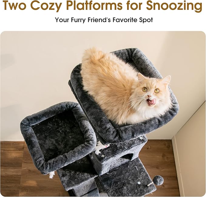 MWPO 70.1-Inch Large Cat Tree, Multi-Level Tall Cat Tower for Indoor Cats, Plush Cat Condo with Big Padded Perches, Sisal-Covered Scratching Posts, Hammock, Toys for Kittens & Cats - Smoky Grey-Mewly Pet