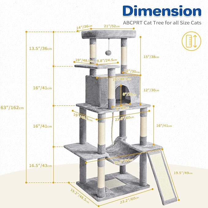 Cat Tree Tower 63in Multi-Level Cat Tower for Indoor Cats with Sisal Scratching Posts, Condo, Hammock, Dangling Ball and Extended Platform for Cats to Play, Light Grey-Mewly Pet