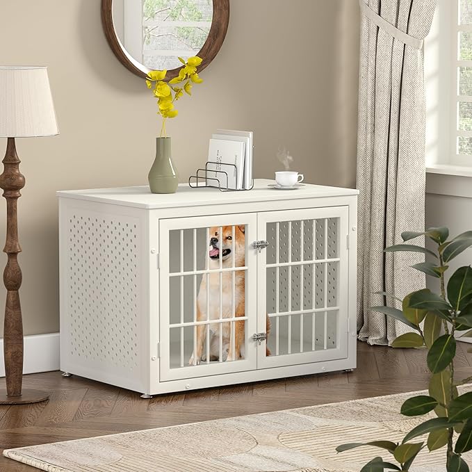 38" Heavy Duty Dog Crate Furniture for Large and Medium Dogs,Wooden Metal Kennel for High Anxiety Dogs, Chew Proof Pet Cage Indoor, Decorative Dog Kennel End Table, White-Mewly Pet