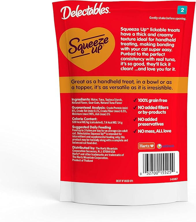 Hartz Delectables Squeeze Up Interactive Lickable Wet Cat Treats for Adult & Senior Cats, Tuna, 4 Count (Pack of 8)-Mewly Pet