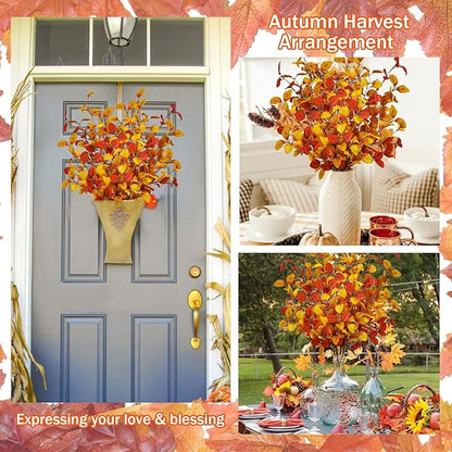 16pcs Artificial Fall Leaves Stems, 27" Fall Flowers Eucalyptus Leaves Branches Faux Fall Leaf Spray Fall Decorations for Home Floral Arrangement Autumn Table Centerpiece