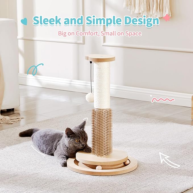 Made4Pets Cat Scratching Post 18" Tall for Small Kittens, 4-in-1 Cat Scratcher with Natural Sisal Ropes, Wooden Turntable Track Toy with Self Grooming Brush, Premium Scratch Pole with Plush Balls-Mewly Pet